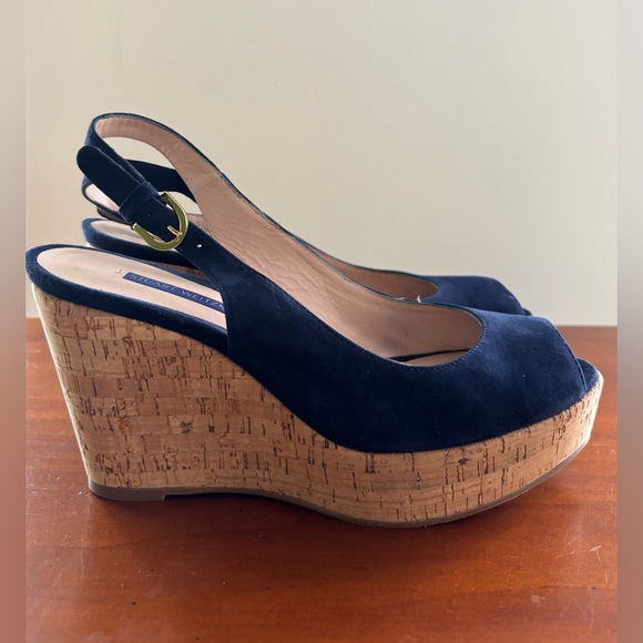 Stuart Weitzman Jean Suede Slingback Wedge Sandals size 8 1/2 Blue - Picture 4 of 12